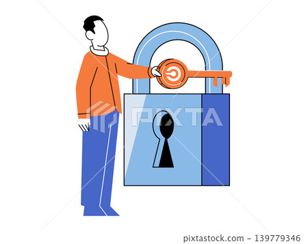 Man holding a large key next to a giant padlock vector illustration. Cyber security, data protection, access control, privacy, business solution, encryption. Person with a latchkey by a massive lock Man holding a large key next to a giant padlock vector illustration. Cyber security, data protection, access control, privacy, business solution, encryption. Person with a latchkey by a massive lock 139779346