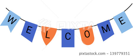 Welcome bunting banner with colorful flags on a string vector illustration. Party decoration, event planning, festive greeting, hospitality service, home decor, celebration. Festive garland Welcome bunting banner with colorful flags on a string vector illustration. Party decoration, event planning, festive greeting, hospitality service, home decor, celebration. Festive garland 139779351