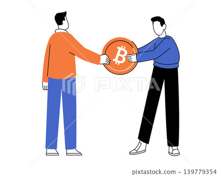 Two men holding a large bitcoin coin vector illustration. Crypto exchange, digital finance, blockchain, peer to peer payment, investment, virtual money. Male characters sharing a token Two men holding a large bitcoin coin vector illustration. Crypto exchange, digital finance, blockchain, peer to peer payment, investment, virtual money. Male characters sharing a token 139779354