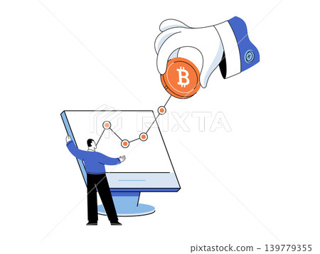 Giant hand placing bitcoin on a rising growth chart vector illustration. Crypto investment, market analysis, digital finance, growth, trading, profit. Large arm putting coin on screen 139779355