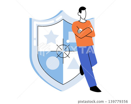 Man leaning on a shield with geometric symbols vector illustration. Cybersecurity, insurance, data privacy, safety, business defense, protection. Male character resting on a defensive crest Man leaning on a shield with geometric symbols vector illustration. Cybersecurity, insurance, data privacy, safety, business defense, protection. Male character resting on a defensive crest 139779356