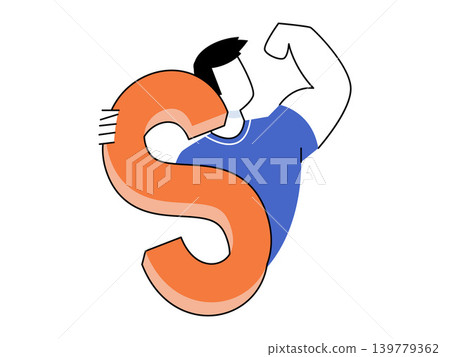 Strong man flexing bicep behind large orange letter S vector illustration. Success, power, sports branding, startup growth, fitness, leadership. Muscular male figure posing with alphabet sign Strong man flexing bicep behind large orange letter S vector illustration. Success, power, sports branding, startup growth, fitness, leadership. Muscular male figure posing with alphabet sign 139779362