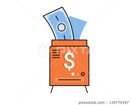 Orange safe box with dollar sign and blue banknotes vector illustration. Financial savings, banking, investment growth, wealth management, budget planning, secure deposit. Money container with cash Orange safe box with dollar sign and blue banknotes vector illustration. Financial savings, banking, investment growth, wealth management, budget planning, secure deposit. Money container with cash 139779397