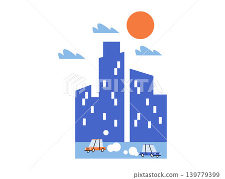 Blue skyscrapers and cars on a road vector illustration. Urban development, city life, daily commute, real estate, transportation, metropolitan environment. Tall buildings and vehicles on the street 139779399