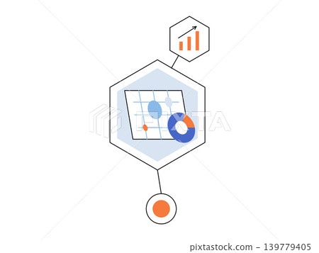 Data charts and financial graphs inside a hexagon vector illustration. Business analytics, market research, growth strategy, digital dashboard, reporting, management. Geometric shape with diagrams Data charts and financial graphs inside a hexagon vector illustration. Business analytics, market research, growth strategy, digital dashboard, reporting, management. Geometric shape with diagrams 139779405