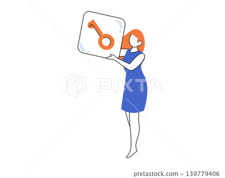 Woman holding a square icon with a key symbol vector illustration. Security, digital access, account login, privacy protection, business solution, keyword research. Female carrying lock opener 139779406