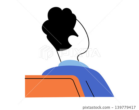 Back view of a man sitting in an orange chair vector illustration. Audience member, waiting room, office worker, student, passenger, transport. Male person from behind seated on a stool Back view of a man sitting in an orange chair vector illustration. Audience member, waiting room, office worker, student, passenger, transport. Male person from behind seated on a stool 139779417