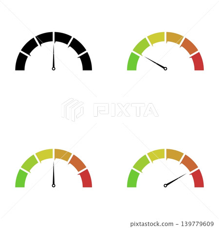 Dashboard colorful speedometer icons set. Vector scale, level of performance. Abstract graphic element concept of tachometer, speedometer, indicators, score. Customer satisfaction scores. Dashboard colorful speedometer icons set. Vector scale, level of performance. Abstract graphic element concept of tachometer, speedometer, indicators, score. Customer satisfaction scores. 139779609