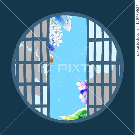 Hydrangeas visible through the round shoji screen, their shadows Hydrangeas visible through the round shoji screen, their shadows 139779624