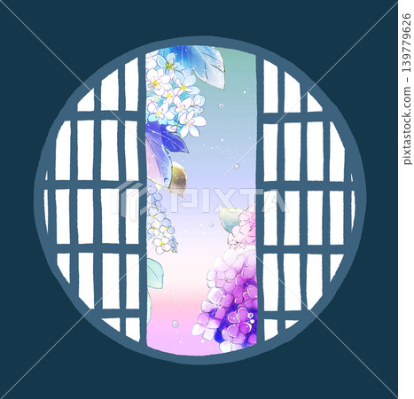 Hydrangeas visible through the round shoji screen Hydrangeas visible through the round shoji screen 139779626