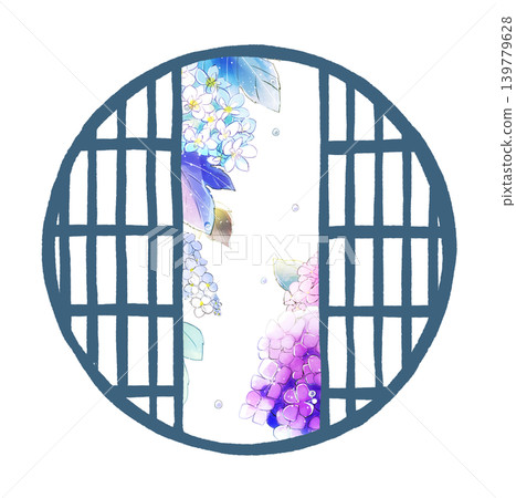 透過圓形障子門可以看到繡球花 透過圓形障子門可以看到繡球花 139779628
