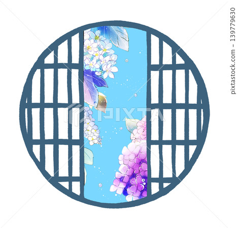 透過圓形障子門可以看到繡球花 透過圓形障子門可以看到繡球花 139779630