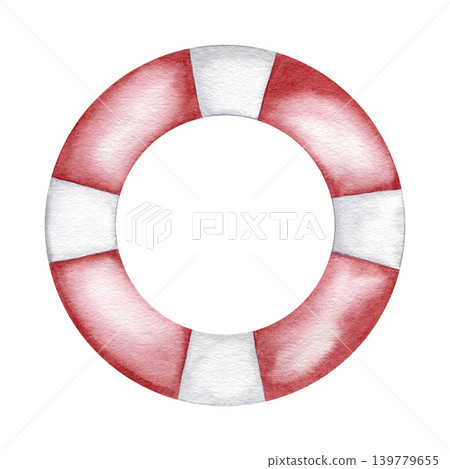 Watercolor red and white lifebuoy illustration isolated on white background. Hand drawn  nautical safety equipment element for maritime design, cruise travel concept, sea-themed card and icon. 139779655