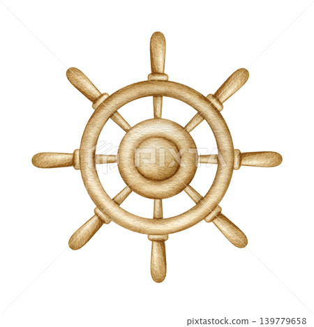 Wooden ship helm watercolor isolated illustration on white background. Hand drawn nautical wheel element clipart for marine design, travel logo, sea-themed card, yacht club branding. Wooden ship helm watercolor isolated illustration on white background. Hand drawn nautical wheel element clipart for marine design, travel logo, sea-themed card, yacht club branding. 139779658