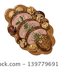 Duck breast in chestnut sauce with mushrooms. Plate of French cuisine. Vector isolated illustration 139779691