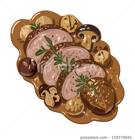 Duck breast in chestnut sauce with mushrooms. Plate of French cuisine. Vector isolated illustration Duck breast in chestnut sauce with mushrooms. Plate of French cuisine. Vector isolated illustration 139779691