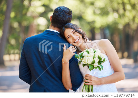 Wedding couple, bride and happy with bouquet outdoor for celebration event, commitment and union. Hug, people and portrait with flowers at marriage ceremony for eternal love, partnership and loyalty Wedding couple, bride and happy with bouquet outdoor for celebration event, commitment and union. Hug, people and portrait with flowers at marriage ceremony for eternal love, partnership and loyalty 139779714