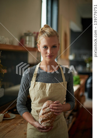 Bakery, kitchen and portrait of woman with bread, cooking gluten free food and healthy breakfast. Fresh, loaf and chef in restaurant with rye or sourdough after preparation process of brunch or lunch Bakery, kitchen and portrait of woman with bread, cooking gluten free food and healthy breakfast. Fresh, loaf and chef in restaurant with rye or sourdough after preparation process of brunch or lunch 139779751