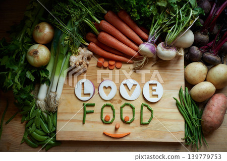 Vegetables, empty and cutting board for healthy food background, cooking and preperation of soup ingredients on table. Culinary, organic and green groceries for vegan love, health and wellness above Vegetables, empty and cutting board for healthy food background, cooking and preperation of soup ingredients on table. Culinary, organic and green groceries for vegan love, health and wellness above 139779753