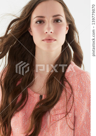 Woman, fashion and serious in studio portrait with confidence, pride or trendy with style by white background. Isolated girl, person or model with edgy clothes, face and red sweater in Argentina Woman, fashion and serious in studio portrait with confidence, pride or trendy with style by white background. Isolated girl, person or model with edgy clothes, face and red sweater in Argentina 139779870