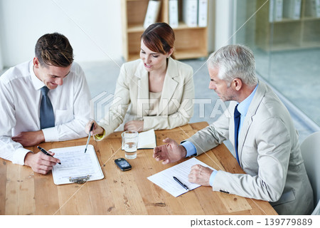 Business people, boardroom and signature on paperwork in meeting or lawyer agreement, partnership or negotiation. Men, woman and document in corporate office for collaboration, consultant or contract 139779889
