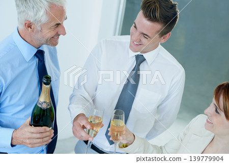 Champagne, smile or happy business people in office party in celebration of target or success together. Drinking, top view or toast with team or group of colleagues in workplace for winning or goals 139779904