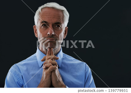 Thinking, hands and senior businessman in studio for question, space or brainstorming on black background. Why, idea or elderly entrepreneur with emoji gesture for asking, solution or problem solving Thinking, hands and senior businessman in studio for question, space or brainstorming on black background. Why, idea or elderly entrepreneur with emoji gesture for asking, solution or problem solving 139779931