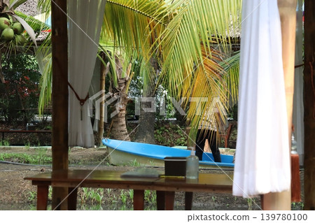 Tropical Garden with Blue Boat and Palm Trees 139780100
