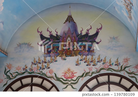 Thai Temple Mural with Buddha and Floral Motifs Thai Temple Mural with Buddha and Floral Motifs 139780109