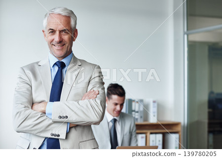 Senior businessman, portrait and confidence in training, agency and expert for mentoring in office. Happy male person, arms crossed and smile for support in management, advisor and corporate pride 139780205