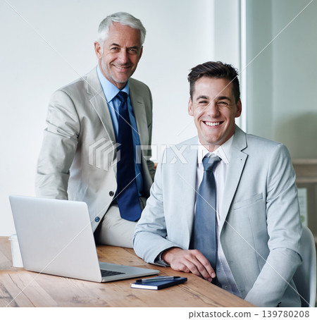 Senior, businessman and partner with laptop, plan and work for expanding in office and accounts. Manager, employer and accountant at desk, company and meeting for management and staff administration 139780208