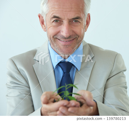 Plants, business and man with accountant, portrait and growth with accountability and agriculture. Mature person, trader and employee with leaves or startup with sustainability and results with smile Plants, business and man with accountant, portrait and growth with accountability and agriculture. Mature person, trader and employee with leaves or startup with sustainability and results with smile 139780213