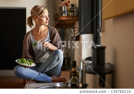 Woman, kitchen and salad with smile, break and home for nutrition, vegetables and diet. Designer, house and lunch for health, wellness and relaxation and break for wellbeing, rest and happiness Woman, kitchen and salad with smile, break and home for nutrition, vegetables and diet. Designer, house and lunch for health, wellness and relaxation and break for wellbeing, rest and happiness 139780216