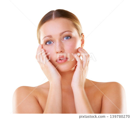 White background, skincare and portrait of woman for spa, wellness and facial treatment. Salon aesthetic, beauty and isolated person with hands for natural glow, healthy skin and cosmetics in studio 139780270