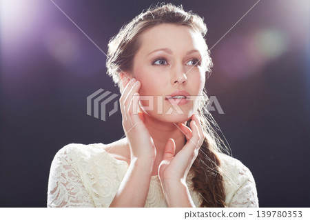 Woman, studio and mockup with fashion, thinking and vision for ideas, beauty and motivation. Designer, model and face for empowerment, confidence and lace with attitude, style and planning with look 139780353