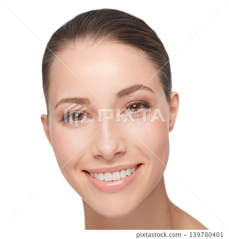 Happy, portrait and woman with beauty from skincare, dermatology or headshot in white background. Studio, model and girl with perfect teeth and skin from healthy treatment, makeup or cosmetics Happy, portrait and woman with beauty from skincare, dermatology or headshot in white background. Studio, model and girl with perfect teeth and skin from healthy treatment, makeup or cosmetics 139780401