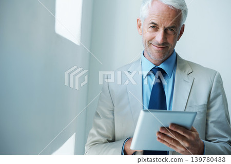 Portrait of businessman, CEO and tablet in office for research, communication or task management with confident smile. Male leader, face and technology for planning, agenda or networking in corporate Portrait of businessman, CEO and tablet in office for research, communication or task management with confident smile. Male leader, face and technology for planning, agenda or networking in corporate 139780488