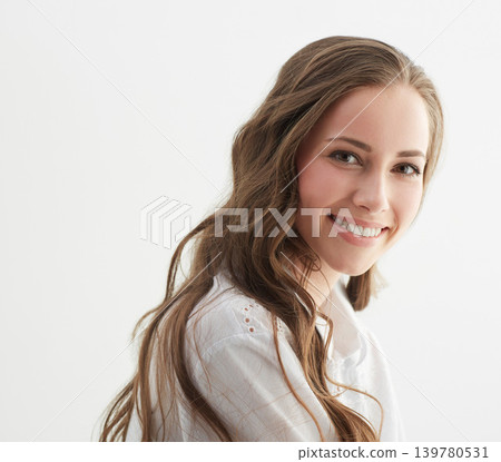 Woman, smile and fashion in studio portrait with confidence, trendy style and pride by white background. Isolated girl, person or model with clothes, face and happy with shirt in Argentina Woman, smile and fashion in studio portrait with confidence, trendy style and pride by white background. Isolated girl, person or model with clothes, face and happy with shirt in Argentina 139780531