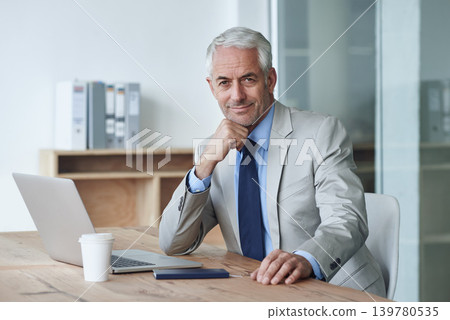 Portrait, ceo and businessman working on laptop, plan and office for stakeholder budget account. Senior, manager and indoors for company, diary and drinking coffee at desk preparing for meeting Portrait, ceo and businessman working on laptop, plan and office for stakeholder budget account. Senior, manager and indoors for company, diary and drinking coffee at desk preparing for meeting 139780535