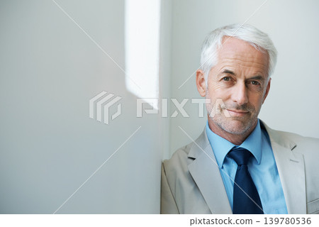 Portrait, mature man and corporate in suit with copy space, confidence and serious look with determination at office. Businessman, executive and professional with experience, wisdom and success. Portrait, mature man and corporate in suit with copy space, confidence and serious look with determination at office. Businessman, executive and professional with experience, wisdom and success. 139780536