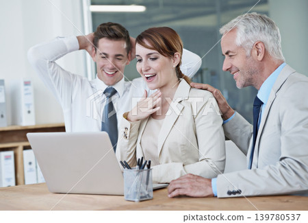Wow, winner or happy woman with laptop for stock market goal, achievement or profit target online. Deal success, team or excited traders trading for bonus prize for financial or investment growth Wow, winner or happy woman with laptop for stock market goal, achievement or profit target online. Deal success, team or excited traders trading for bonus prize for financial or investment growth 139780537
