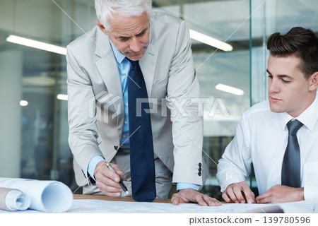 Boss, consultant and architect with building design, plan and vision for expanding in office for space. Executive, employer and businessman at desk, company and meeting for renovation idea for ceo 139780596