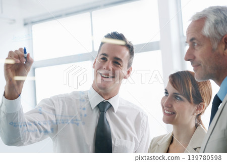 Business people, glass wall and writing with planning, brainstorming and coaching with teamwork. Cooperation, manager or employees with conversation or collaboration with a project, corporate or idea 139780598