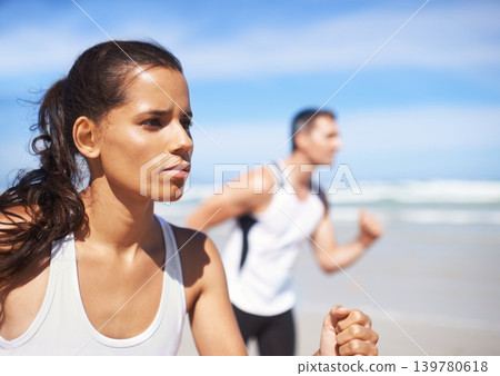 Fitness, woman or people on beach running for exercise, training or outdoor workout at sea. Sports couple, runners or healthy athletes in nature for cardio endurance, wellness or challenge on sand Fitness, woman or people on beach running for exercise, training or outdoor workout at sea. Sports couple, runners or healthy athletes in nature for cardio endurance, wellness or challenge on sand 139780618