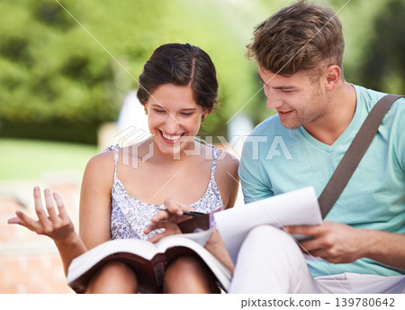 Studying, university and couple on steps with books on campus for learning, knowledge and reading. Education, students and man and woman with textbook for information, exam preparation and college Studying, university and couple on steps with books on campus for learning, knowledge and reading. Education, students and man and woman with textbook for information, exam preparation and college 139780642