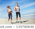 Fitness, teamwork or couple on beach running for exercise, training or outdoor workout at sea. Sports people, runners or healthy athletes in nature for cardio endurance, wellness or challenge on sand 139780646