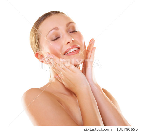 White background, skincare and face of woman for wellness, beauty and facial treatment. Salon aesthetic, spa and isolated person with hands for natural glow, healthy skin and cosmetics in studio White background, skincare and face of woman for wellness, beauty and facial treatment. Salon aesthetic, spa and isolated person with hands for natural glow, healthy skin and cosmetics in studio 139780659