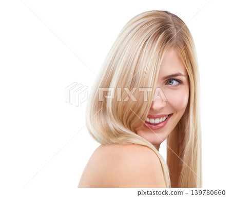 Straight hair, beauty and smile of woman in makeup isolated on a white studio background. Face, hairstyle and blonde model in cosmetics, thinking or salon treatment at hairdresser for care on mockup Straight hair, beauty and smile of woman in makeup isolated on a white studio background. Face, hairstyle and blonde model in cosmetics, thinking or salon treatment at hairdresser for care on mockup 139780660