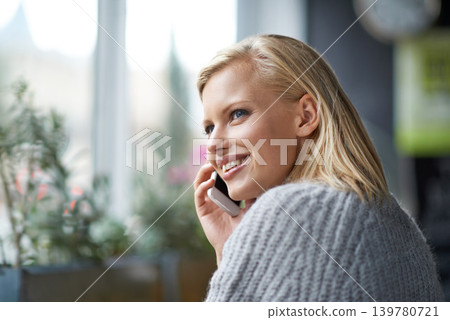 Phone call, happy and woman in coffee shop for communication, social networking and talking. Restaurant, cafe and person on smartphone for conversation, connection and chatting online by window Phone call, happy and woman in coffee shop for communication, social networking and talking. Restaurant, cafe and person on smartphone for conversation, connection and chatting online by window 139780721