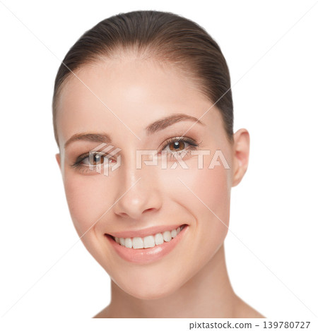 Dermatology, portrait and happy woman with beauty from skincare or headshot in white background. Studio, model and girl with perfect teeth and skin from healthy treatment or makeup from cosmetics Dermatology, portrait and happy woman with beauty from skincare or headshot in white background. Studio, model and girl with perfect teeth and skin from healthy treatment or makeup from cosmetics 139780727
